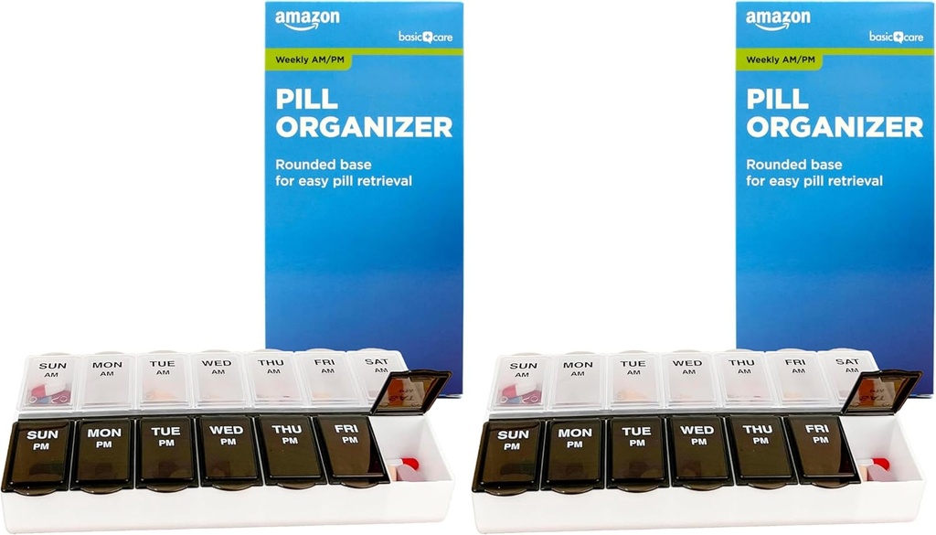 Grundläggande vård (7-dag) AM / PM Pill Organizer, Vitamin Case och Medicine Box, Stora kompartement, 2 gånger om dagen, Svart och Clear Lids (Pack of 2)