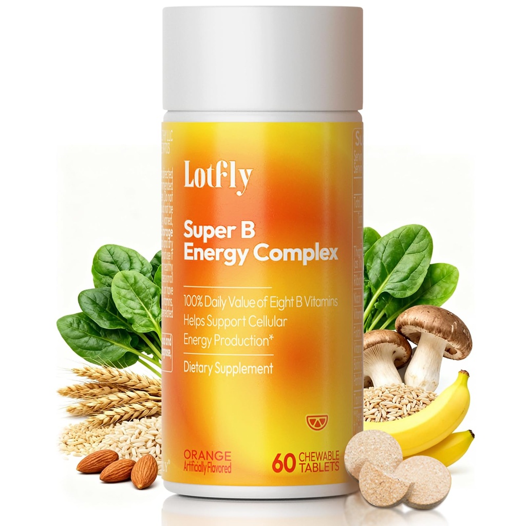 Vitamin B-komplex med B1, B2, B3, B5, B6, B7, B9, B12 Taurin-Immune Support, Energi Metabolism och Nervous System - Super B-komplex med Blod Orange Powder - 60 tabletter för män och kvinnor