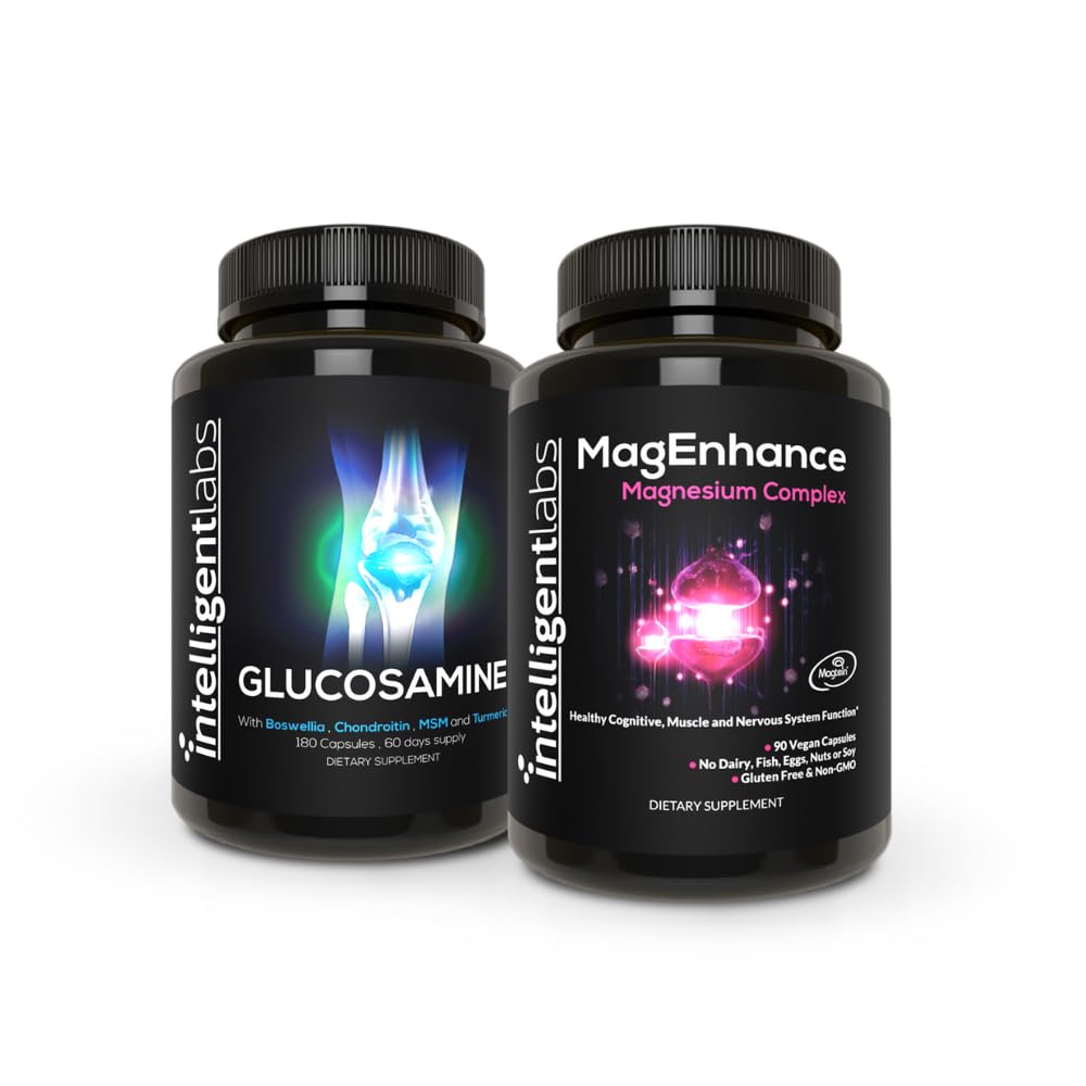 Intelligent Labs 2-i-1 Bundle of MagEnhance Triple Magnesium Complex (Magnesium Threonate Supplement med Mg Taurate och Mg Glycinate) + Glukosamin och Chondroitin Joint Care Complex med MSM