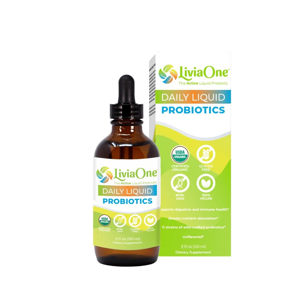 LiviaOne Daily Liquid Probiotics, USDA-Certified Organic Probiotics, Allergen- and Gluten-Free Vegan Probiotic for Women and Men, Non-GMO and Raw, 2 Fl Oz (Pack of 1)
