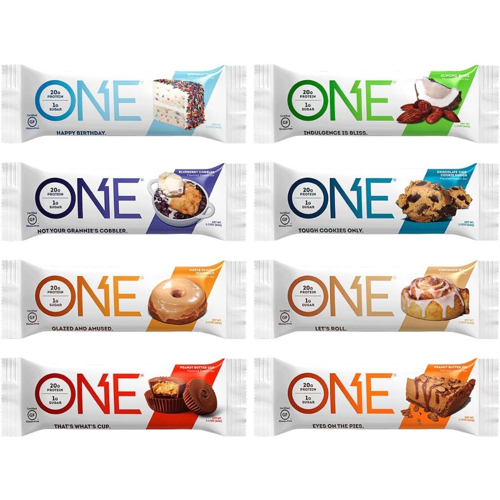 ONE Protein Bars, Sampler Variety Pack, Gluten Free med 20g Protein och 1g Sugar, Pantry Staples, 2,12 oz (8 greve)