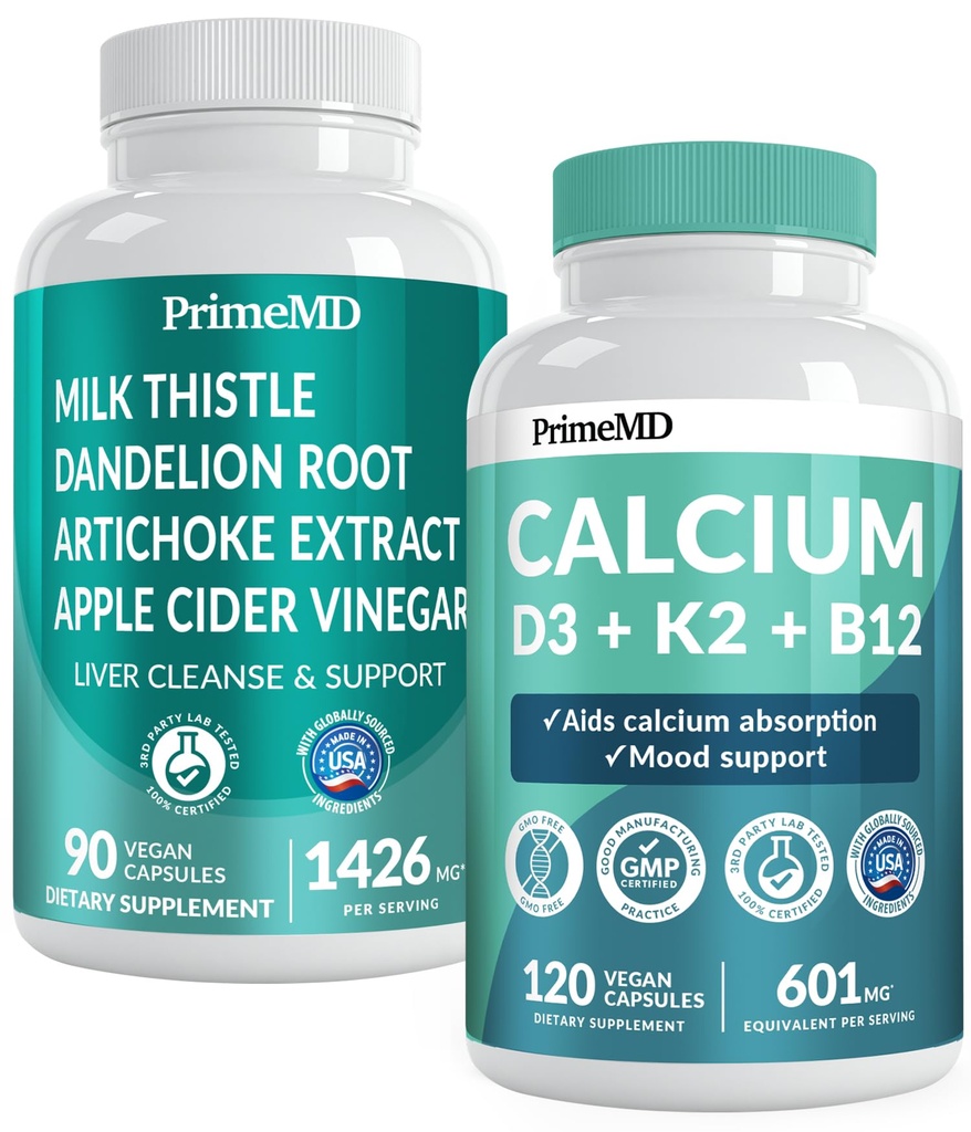 Calcium D3 K2 B12 (1pk) och Liver Support (1pk) Supplement Bundle - Potent Vitaminer för ben, hjärta, leverfunktion och immunstöd - icke-GMO, Vegan, Gluten-Free