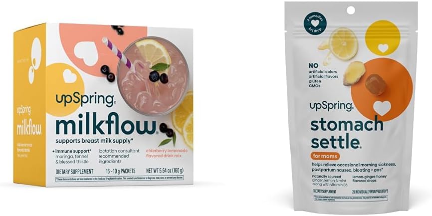 UpSpring Stomach Settle Drops, Honey Flavour, 28 Ct+Milkflow Breastfeeding Supplement Drink Mix med Moringa & Blessed Thistle, No Fenugreek |Elderberry Lemonade Flavor|16 Drink Mixes