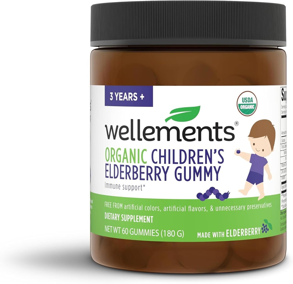 Wellements Organic Children's Elderberry Gummy | Daily Kids Immune Support Gummies*, Made with Vitamin C and Zinc, USDA Certified Organic, No Artificial Colors | 2 Years +, 60 Count