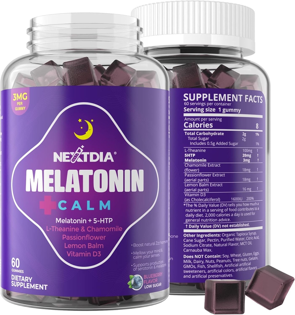 Melatonin Gummies 3mg 5mg 1mg - Hälsosam Calm Cycle Support med 5HTP, L-Theanin, Lemon Balm, Chamomile, Passion Flower, Vitamin D3 för Immune Support - Low Sugar, Gelatin Free, Vegan - 60 Counts