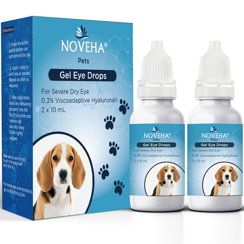 NOVEHA Pet Gel Eye Drops med 0,3% Viscoadaptive Hyaluronan | Eye Solution for Severe Dry Eyes - Long Lasting Hydration, Reduces Nuisance, Swelling & Dryness - Eye Lube för hundar och katter (2x10mL)