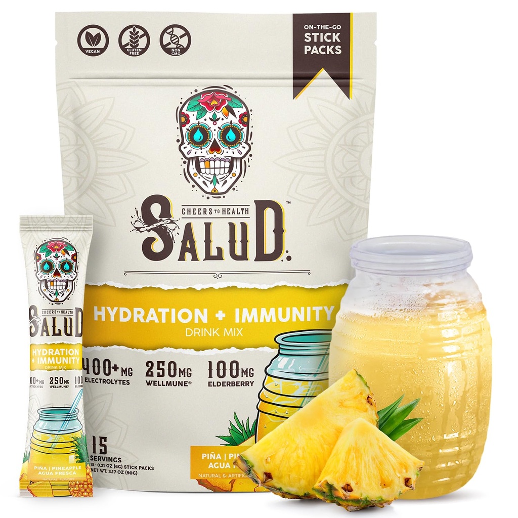Salud 2-i-1 Hydration Packets + Immunity Electrolytes Powder, Pineapple - Agua Fresca Drink Mix, Elderberry, Dairy & Soy Free, Non-GMO, Gluten Free, Vegan, Low Calorie, 1g Sugar (15 portioner)