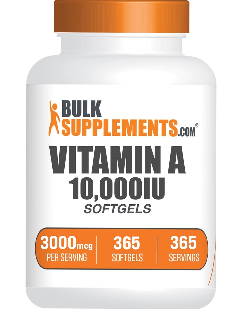 BulkSupplements.com Vitamin A 10000 IE Softgels - som Retinyl Palmitate, Vitamin A Supplement - för Eye & Immune Support, Gluten Free, 1 Softgel per Servering, 365 Count (Pack of 1)
