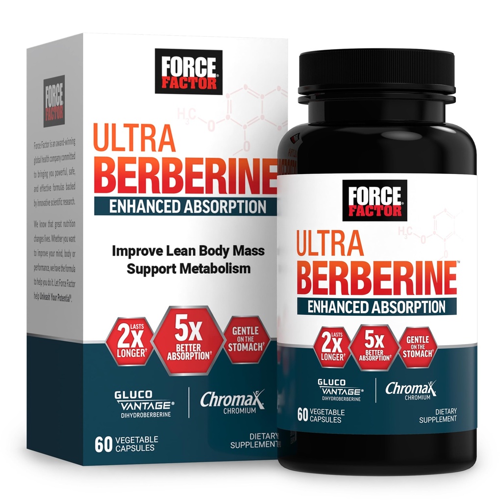 FORCE FACTOR Ultra Berberine Förbättrad Absorption, med Ceylon Cinnamon, Dihydroberberine & Chromium, 5X Absorption, 2X Längre vara, främja Lean Body Mass, 60 Vegetable Capsules