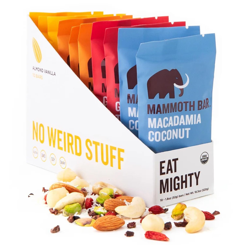 Mammoth Bar Variety Pack - 10 Organic Protein Bars - Prebiotic • Paleo • Gluten Free • Egg Protein • GMO Gratis • Raw • Premium Nuts