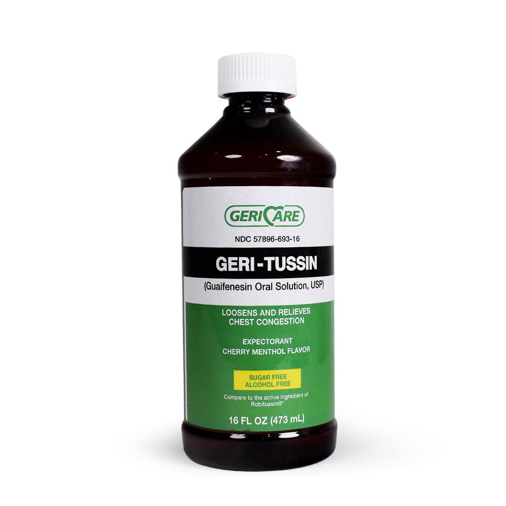 GeriCare Geri-Tussin Guaifenesin Oral Liquid Solution, Sugar-Free, Alcohol-Free Cough and Cold Relief Syrup, Helps Clear Chest Congestion, 16 Ounce Bottle (Pack of 1)