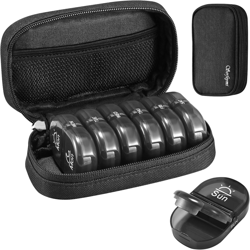 Serfeymi Weekly Travel Pill Organizer 2 Times A Day AM PM Uppgraderad Black Pill Box 7 Dag med Portable Zipper Canvas Pill Case, Medicine Organizer för piller, vitaminer, kosttillskott, fiskoljor - Svart 01