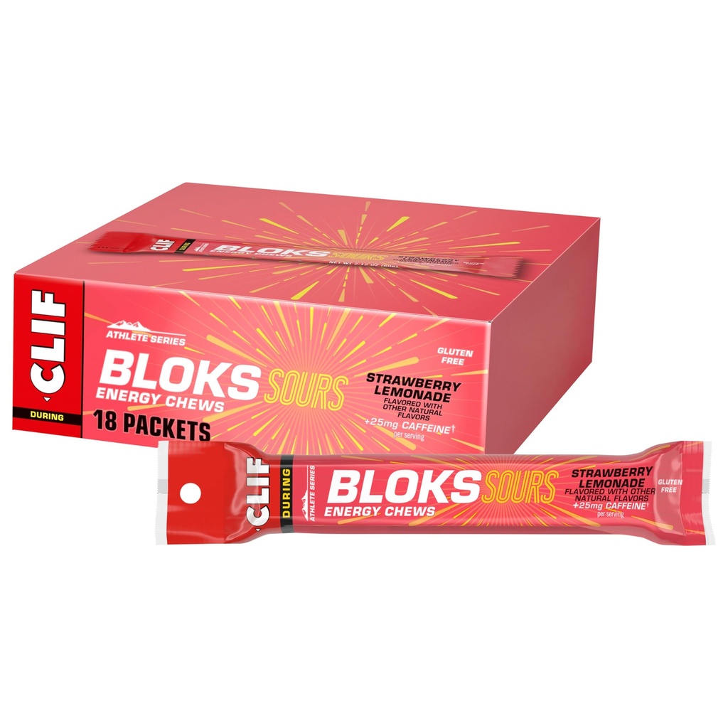 Clif Bloks Sours - Strawberry Lemonade smak med koffein - Energy Chews - Non-GMO - Plant Based - Fast Fuel for Cycling and Running - Snabbkolhydrater och Electrolytes - 2.12 oz. (18 Count)