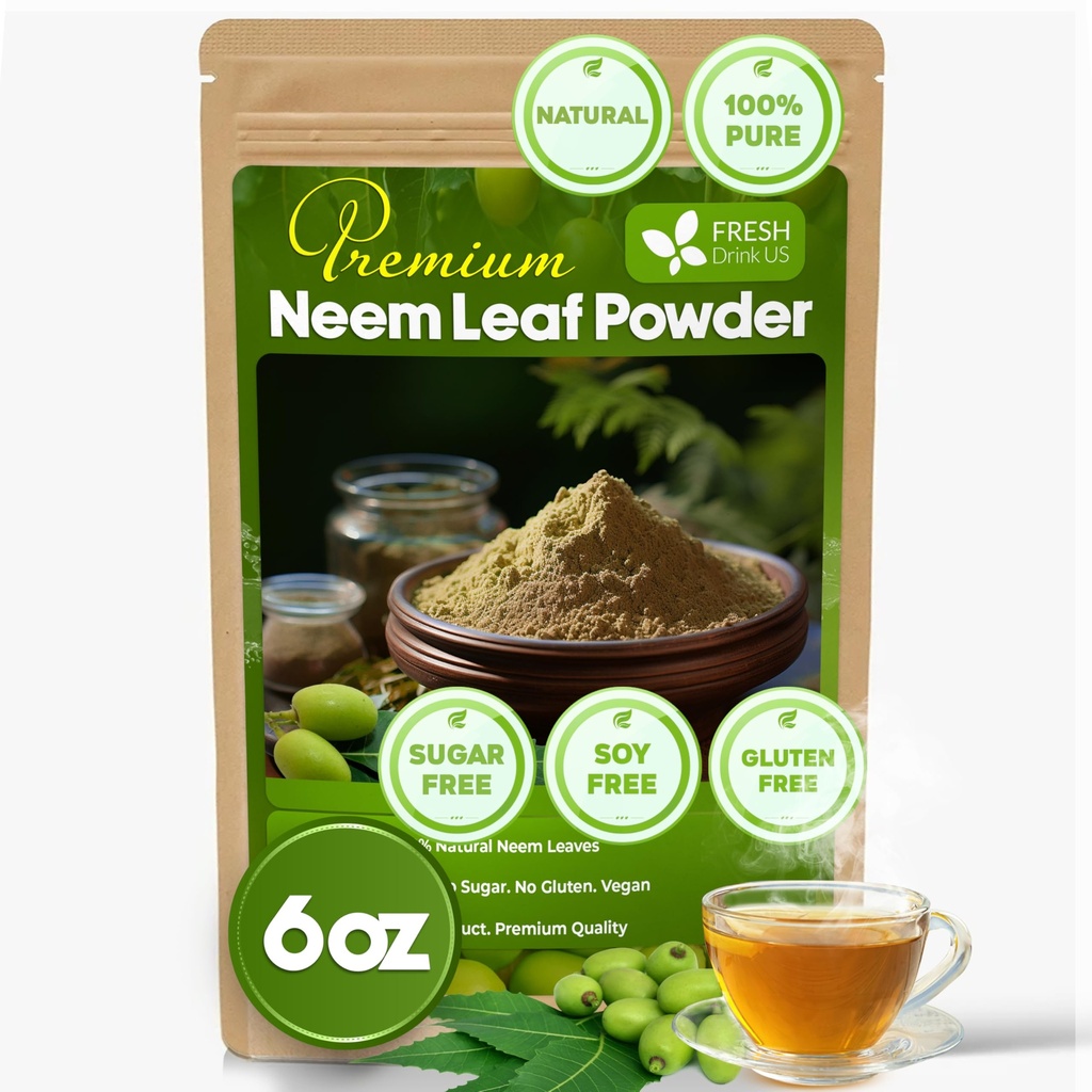 FreshDrinkUS, Premium 6oz Neem Leaf Powder, 100% Natural and Pure from Neem Leaves Dried, for Hair and Skin, No Additives, No Gluten, No Sugar, Vegan