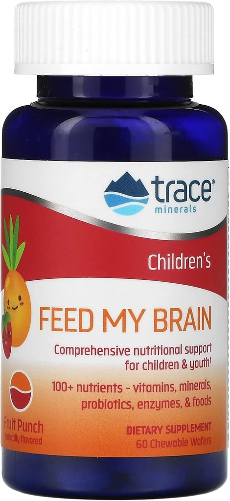 Trace Minerals Children's Feed My Brain - Brain Support Supplement för barn - Multivitamin för Fokusstöd med enzymer, vitaminer och mineraler - Fruit Punch Flavor, 60 Chewable Wafers (30 portioner)