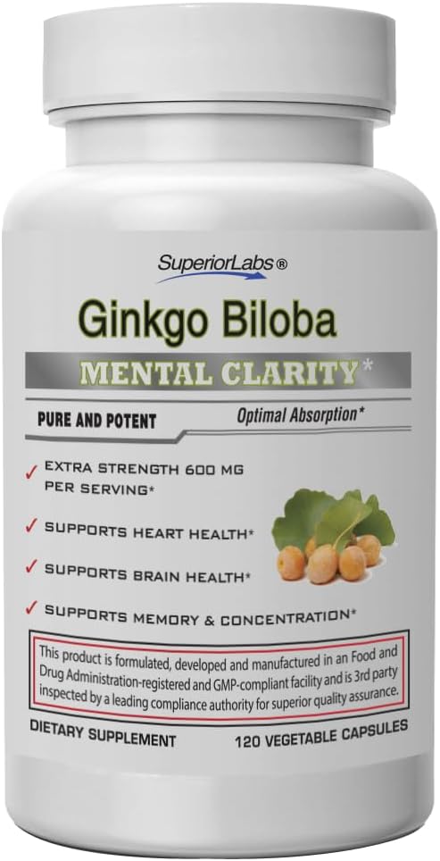 SuperiorLabs Ginkgo Biloba 1200 mg, Non-GMO, Black Pepper för ökad absorption, Ginkgo Extract, förbättrar minne och fokus, Cirkulation Booster, Natural Antioxidant Nootropic, 120 Veg Caps