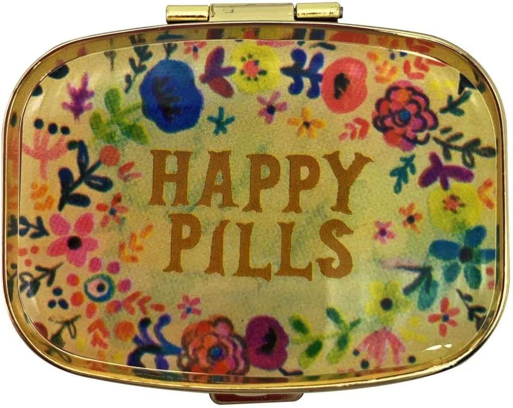 Happy Pills Pills Pill Organizer Cute Metal Pill Case Travel Friendly Portable Compact Pill Box Pill Container för att hålla Tylenol / Vitaminer / fiskolja / tillägg / Meds / tablett för handväska / ficka