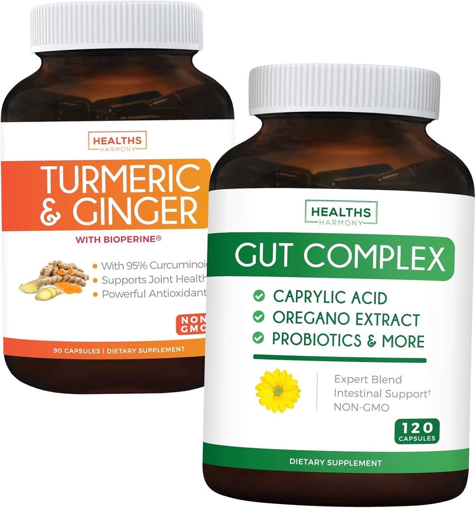 Spara $ 11 (23% rabatt) - Gut Balance Bundle - Gut Complex med Caprylic Acid för balanserad Gut Health & Probiotic Support (120 kapslar) & Turmeric & Ginger med 95% Curcuminoids & Bioperine (90 kapslar)