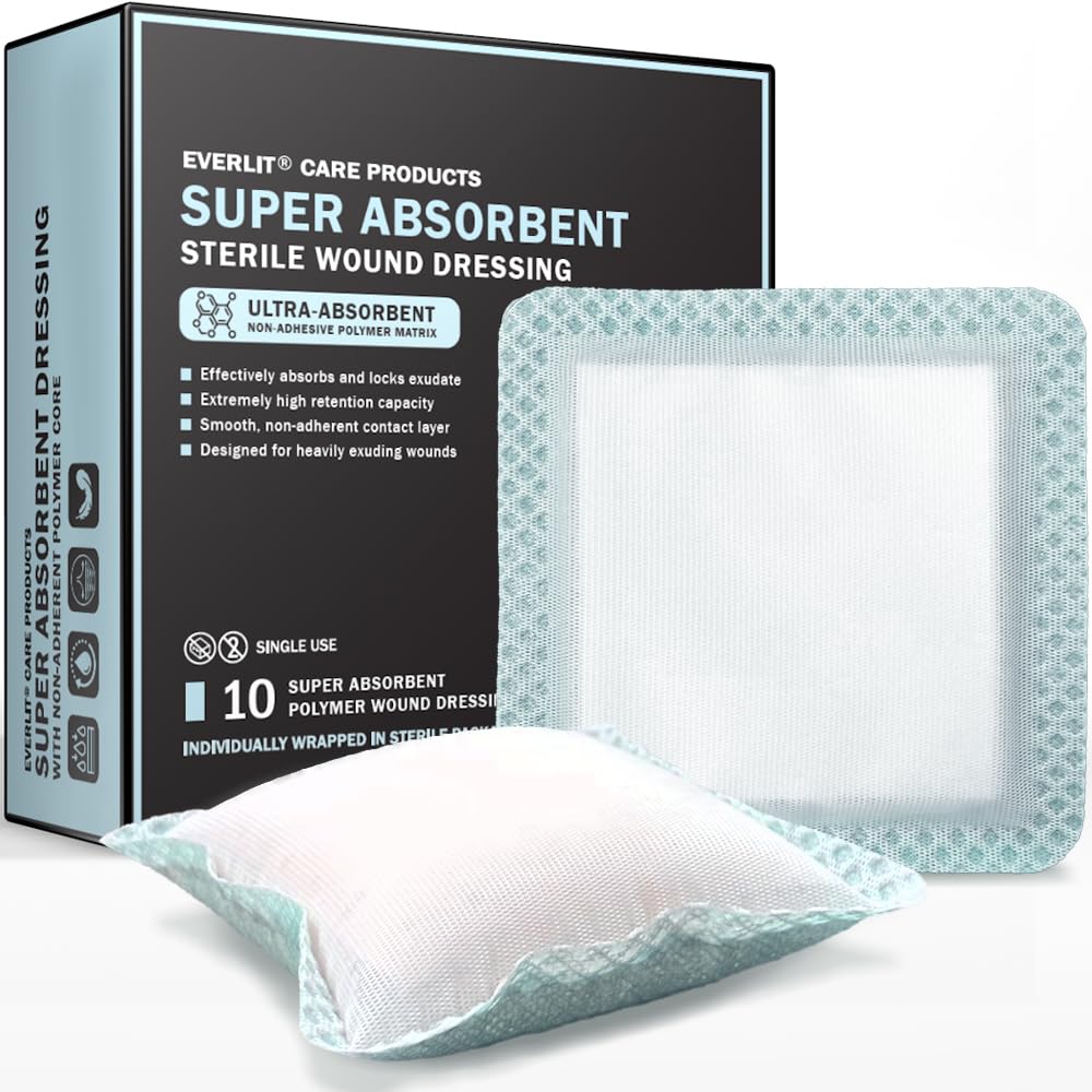 EVERLIT Super Absorbent Dressing for Wound Care | Nonstick Soft Surgical Gauze Pad for Heavily Exuding Wounds | Large Sterile Non-Adhesive Bandage for Fast Healing Wound Care | Pack of 10 (4" x 4")