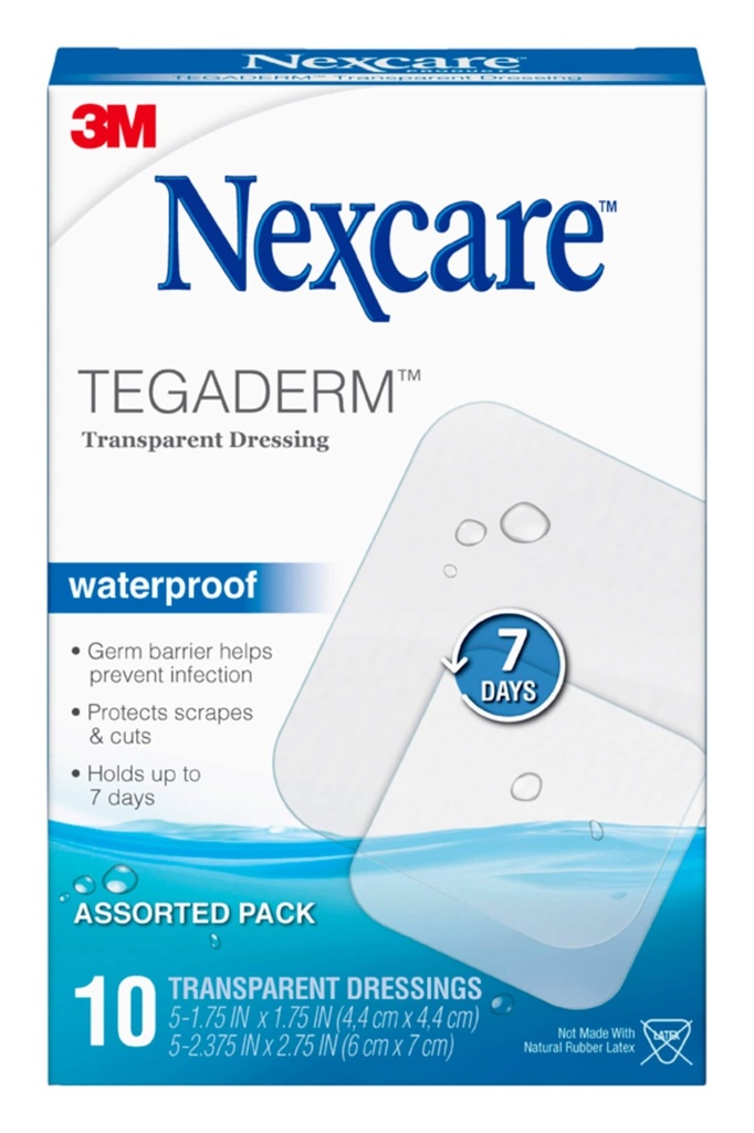 Nexcare Tegaderm Transparent Dressing, Clear Film Lets You See Wounds Heal, Waterproof Dressing Holds Fast for 7 Days - 10 Dressings