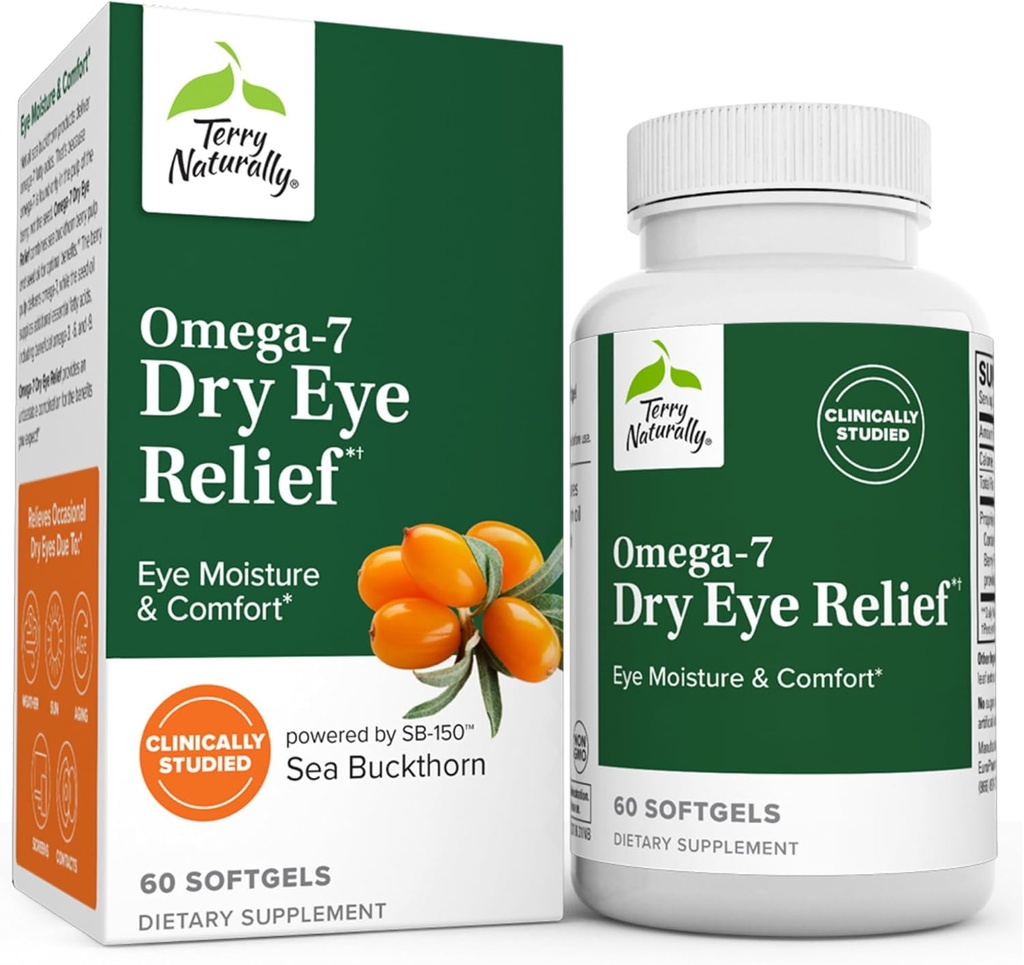 Terry Naturally Omega-7 Dry Eye Relief - 60 Softgels - Eye Moisture & Comfort - Non-GMO, Gluten Free - 60 portioner