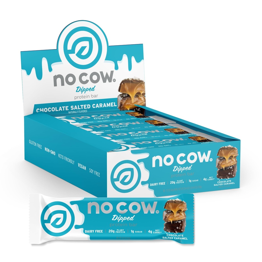 No Cow High Protein Bars, Chocolate Salted Caramel - Healthy Snacks, 20g Vegan Protein, High Fiber, Low Sugar, Keto Friendly, Dairy & Gluten Free (12 Count)