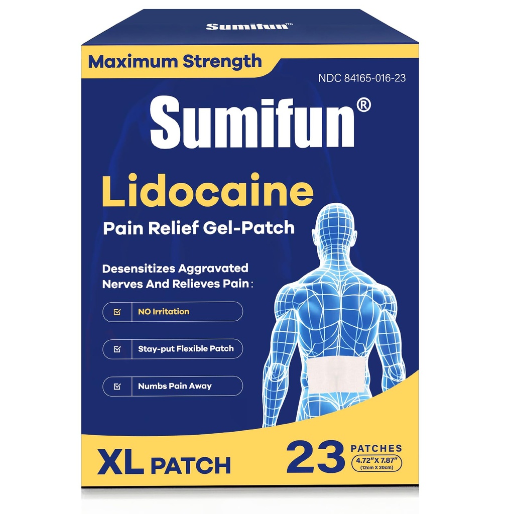 Sumifun Extra Large Lidocaine Patches - 4.72"x7.87" | 4% Lidocaine Maximum Strength for Lower Back & Sciatica | 8-Hour Long Lasting Relief (Extra Large, Count, 23)