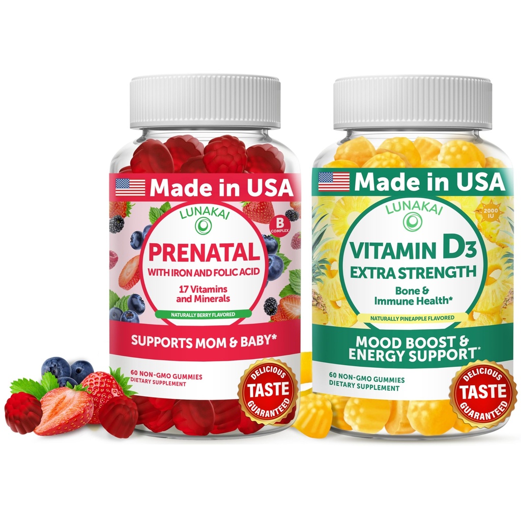 Lunakai Prenatal och Vitamin D3 Gummies Bundle - Graviditet Multivitamin Gummy med järn och folsyra - immunitet, ben och humörsupport tillskott för vuxna - 30 dagars leverans