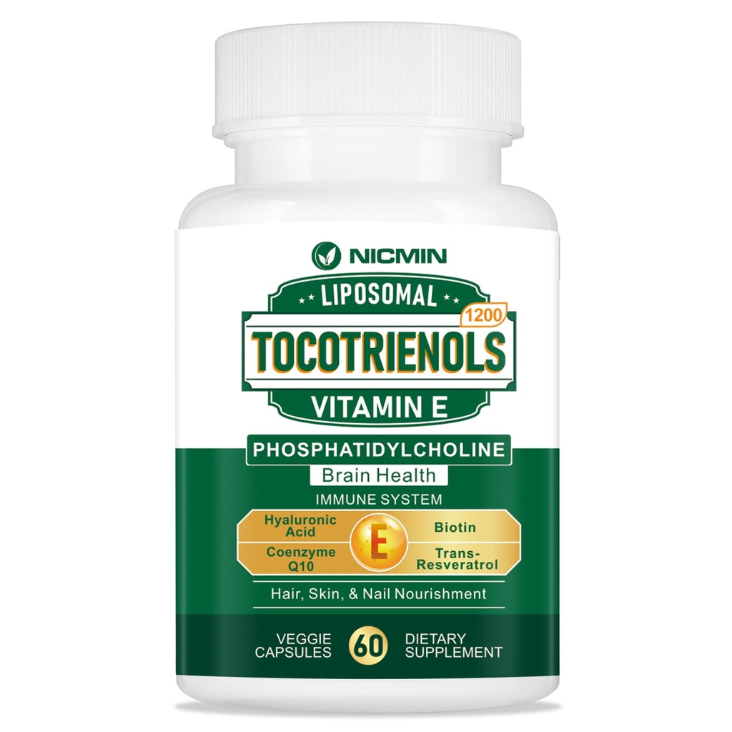 1200MG Vitamin E Tocotrienols Liposomal Tocotrienols Supplement med Phosphatidylcholine, 95% Delta-tocotrienoler och 5% Gamma-tocotrienoler, Hög Absorption för hjärta, hjärnfunktion 60 kapslar