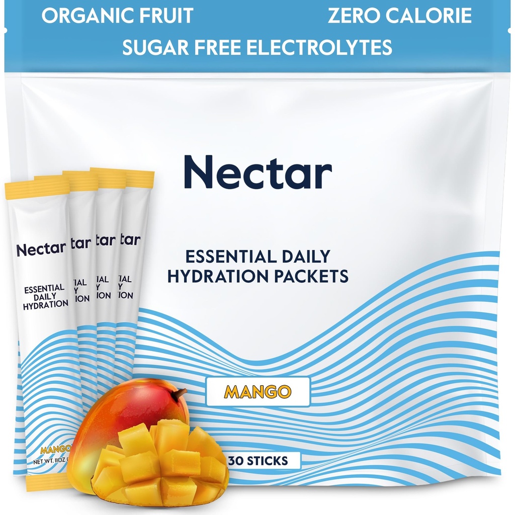 Nectar Hydration Packets - Electrolytes Powder Packets - Sugar Free & 0 Calorie - Organic Fruit Liquid Daily IV Electrolytes Powder för Dehydration Relief & Rapid Rehydration (Mango 30 Pack)