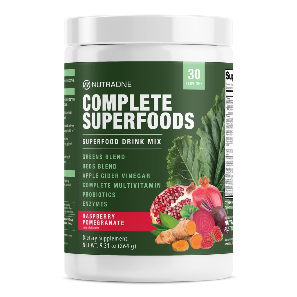 Fullständiga Superfoods, Greens & Reds Blend *, Apple Cider Vinegar, Digestive Enzyme Blend *, Probiotic Blend *, Multivitamin * (Raspberry Pomegranate - 30 portioner)
