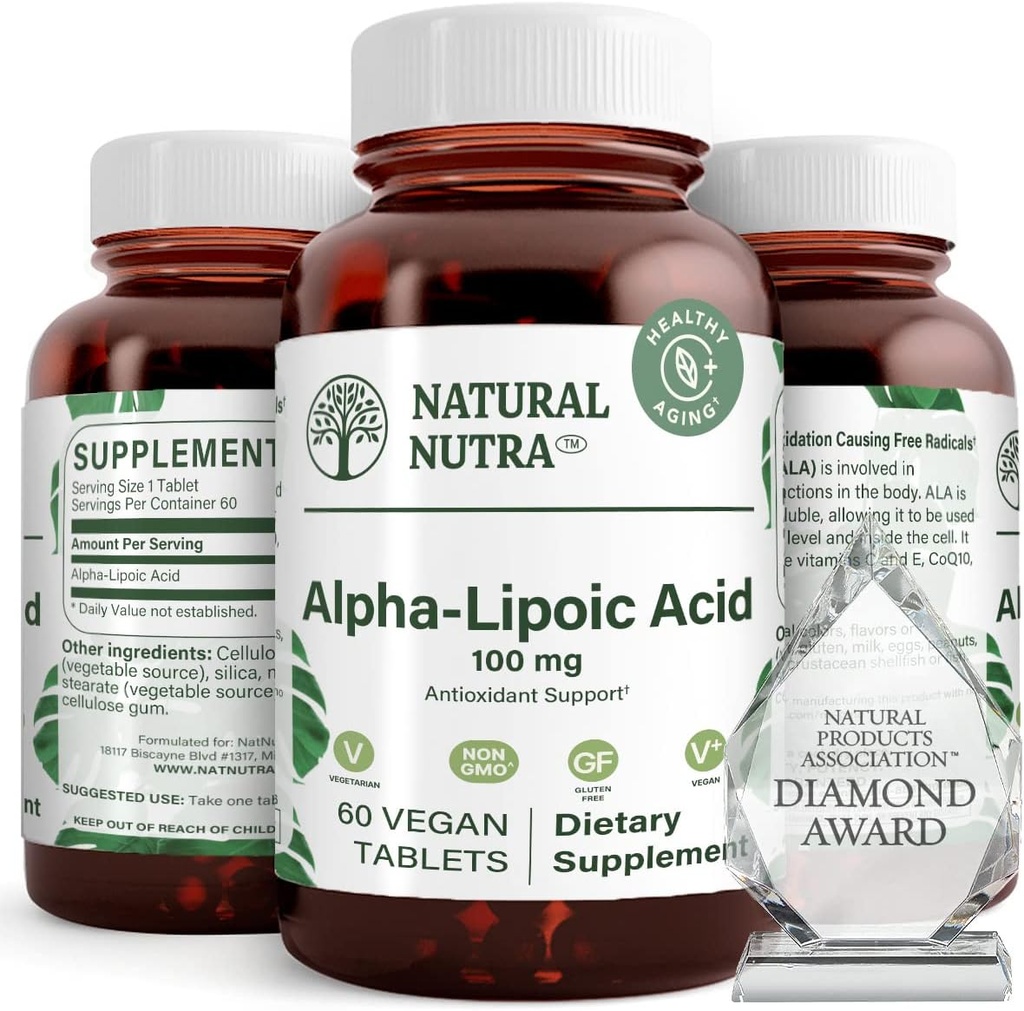 Natural Nutra R-Alpha Lipoic Acid, förbättra ben och hjärthälsa, förbättra minnesfunktionen, förbättra nervfunktionen bidrar till övergripande hälsa, glutenfri 100 mg, 60 Vegan och vegetariska tabletter.