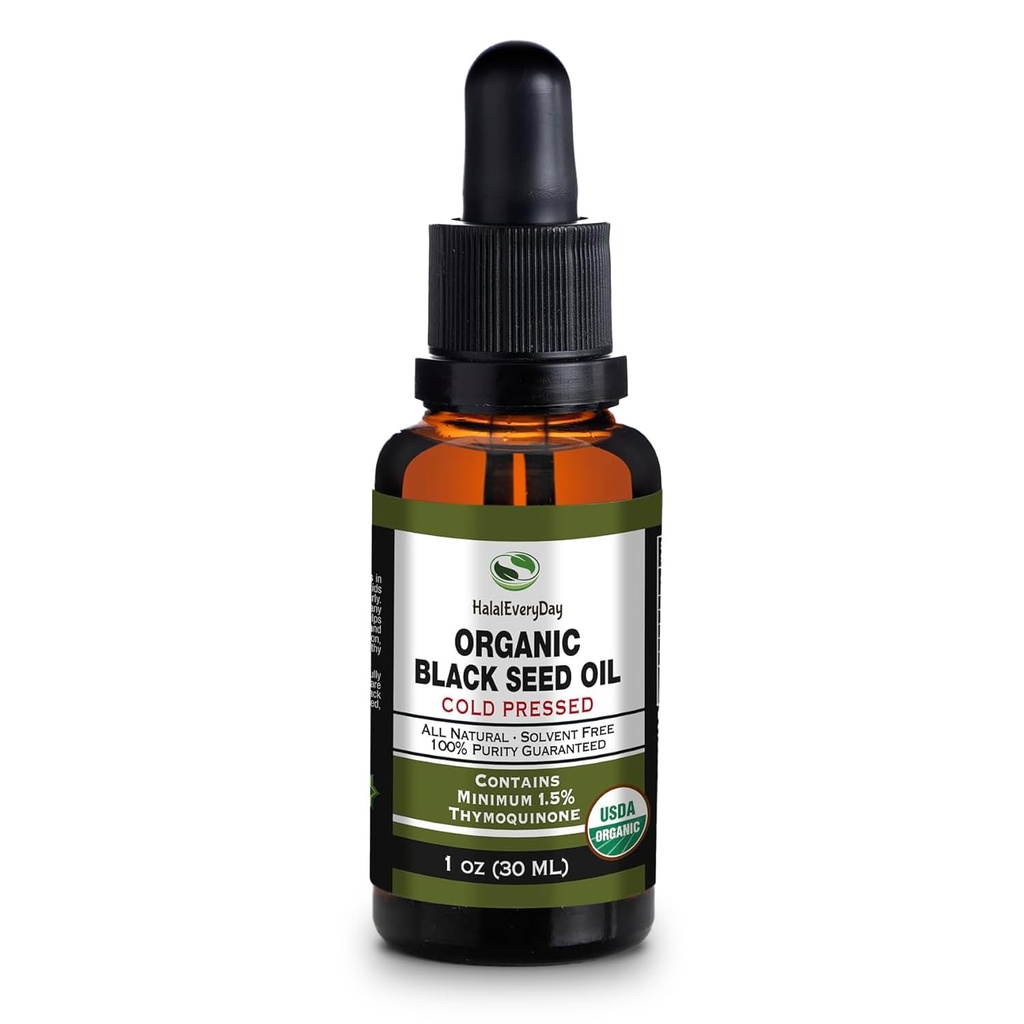 Organic Black Seed Oil - USDA Certified Cold Pressed Glass Bottle Över 1,5% Thymoquinone 3X styrka turkisk Black Cumin Nigella Sativa icke-GMO 100% ren Blackseed Oil (1oz Glass Dropper Bottle)