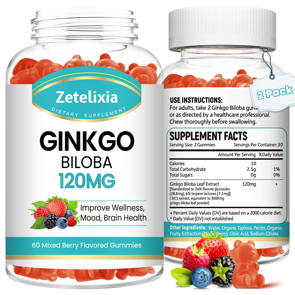 2 Pack Ginkgo Biloba Gummies för kvinnor och män, Brain Supplement Förbättra bättre humör och fokus, Vegan Mixed Berry Flavor 120 Count