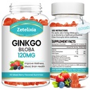 2 Pack Ginkgo Biloba Gummies för kvinnor och män, Brain Supplement Förbättra bättre humör och fokus, Vegan Mixed Berry Flavor 120 Count