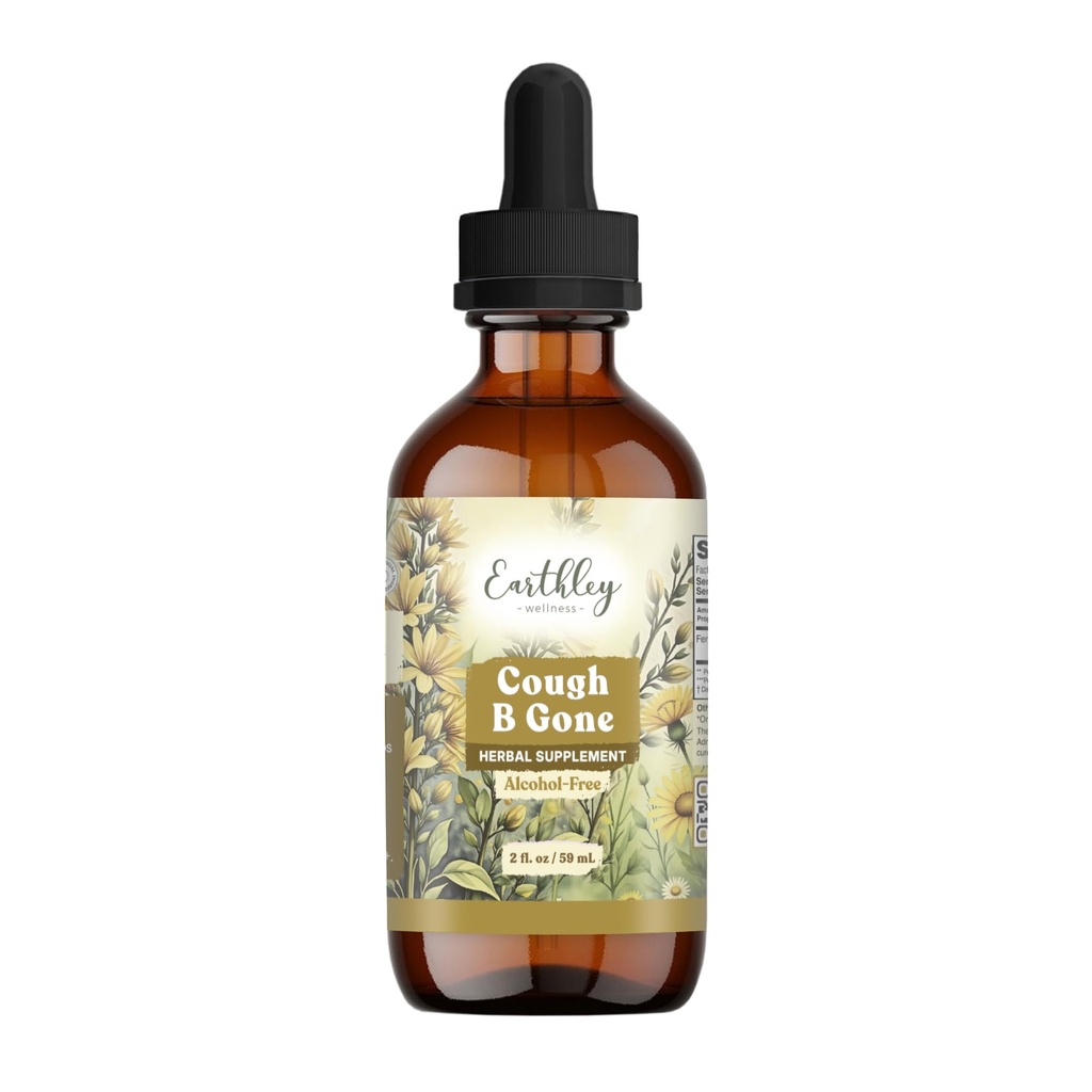 Earthley Wellness, Cough-B-Gone, Alcohol-Free Herbal Tincture för barn och vuxna (6 månader +), kall och hosta botemedel, lugna halsar, främjar lunghälsa och avgiftning (2oz, barn)