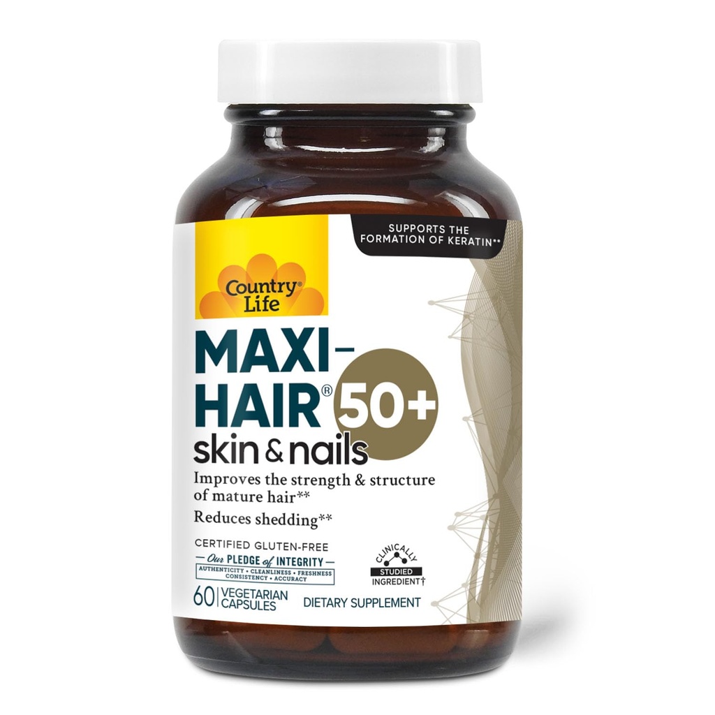 Country Life Maxi-Hair 50+ – Biotin-Based Hair, Skin & Nails Supplement för kvinnor och män över 50 | Stöder Hälsosam hårväxt & Reduced Shedding | Certified Gluten-Free & Vegetarian | 60 kapslar