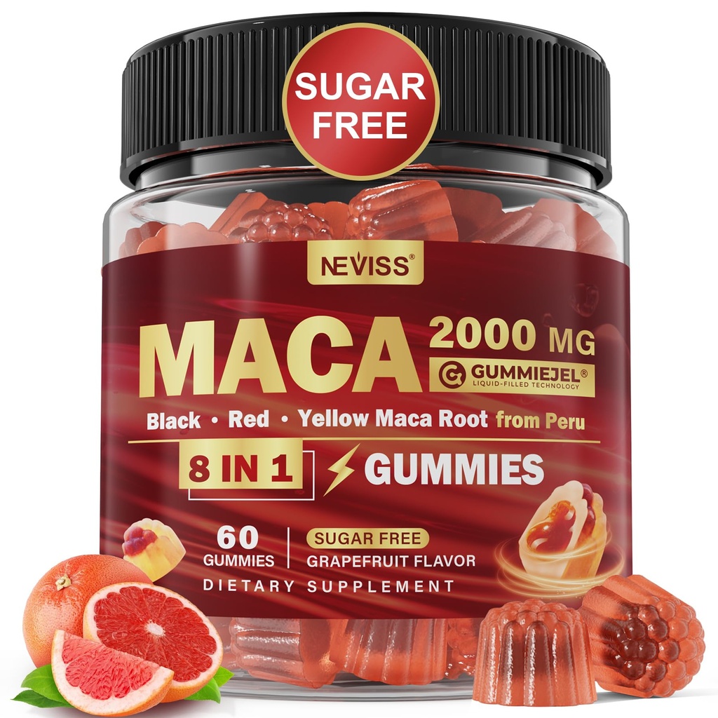 Maca Root Fylld Gummies 2000mg för kvinnor män | Sugar Free | Organisk Svart, Röd, Gul Maca Root Supplement Gummy Chews med Ashwagandha Ginseng & Zink | Vegan, Non-GMO, Grapefruit Flavor, 60 Count