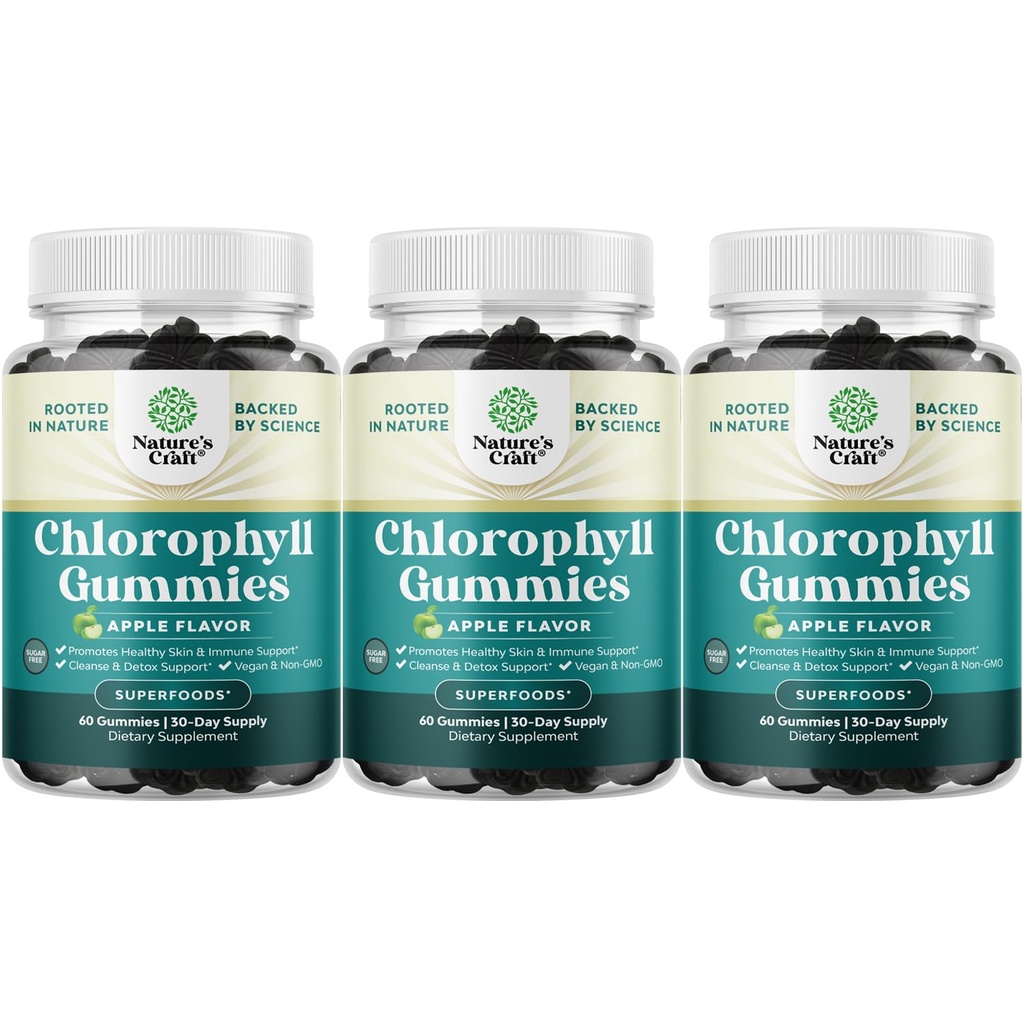 Chlorophyll Gummies for Cleanse & Detox Support - Potent Internal Deodorizer Chloropyll Supplements for Body Odor Healthy Skin Immunity & Digestive Support - Vegan Non-GMO & Gluten Free (3 Pack)