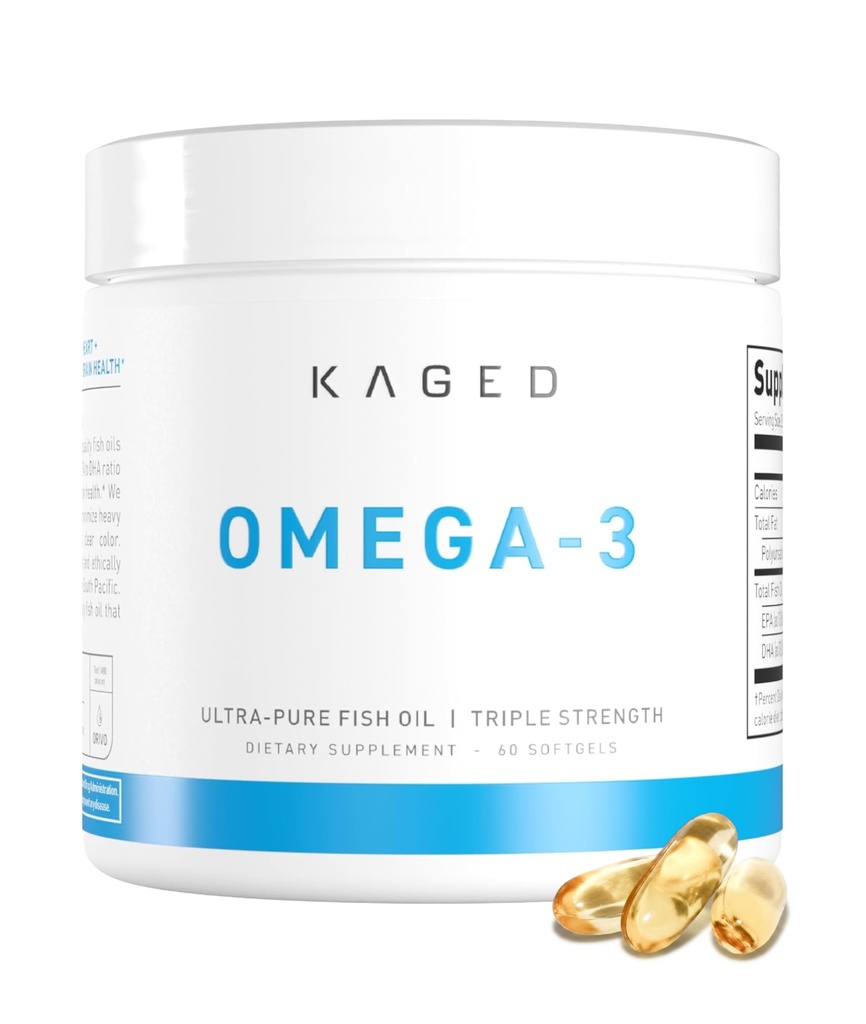 Kaged Omega 3 Softgels | Unflavored | Fish Oil Supplement | 3000mg Omega 3 Fatty Acid med EPA & DHA | Ultra-Pure, No Fish Burps | Kosttillskott för Män & Kvinnor | 30 portioner