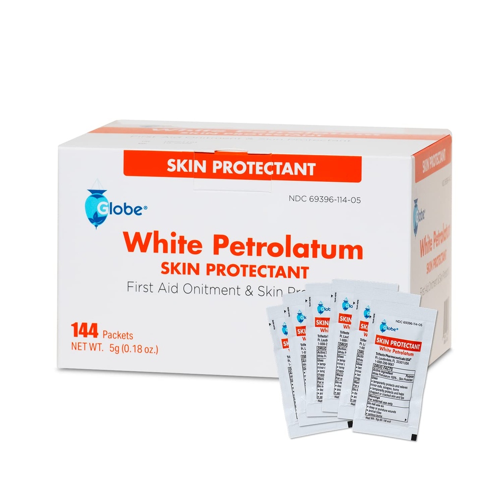 Globe (Box of 144 White Petrolatum Jelly for Dry or Cracked Skin, Soothing White Petroleum Jelly for Minor Skin Irritations, 5g Foil Packets, 144 Packets
