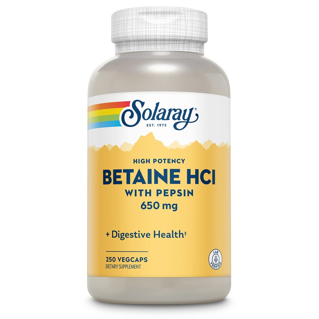 Solaray High Potency Betaine HCL med Pepsin - Hydrochloric Acid Supplement för Digestive Health - med Betaine Hydrochloride och Digestive Enzymes - Gut Health Support - 60-dagars garanti, 250 VegCaps