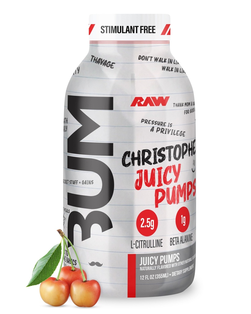 RAW Ready to Drink Pre-Workout Drink, Juicy Pumps (White Cherry) - Bum Pump RTD Zero-Sugar Energy Supplement Drink - Caffeine-Free & Sugar-Free Energy Drinks with L-Citrulline, 12 Fl Oz