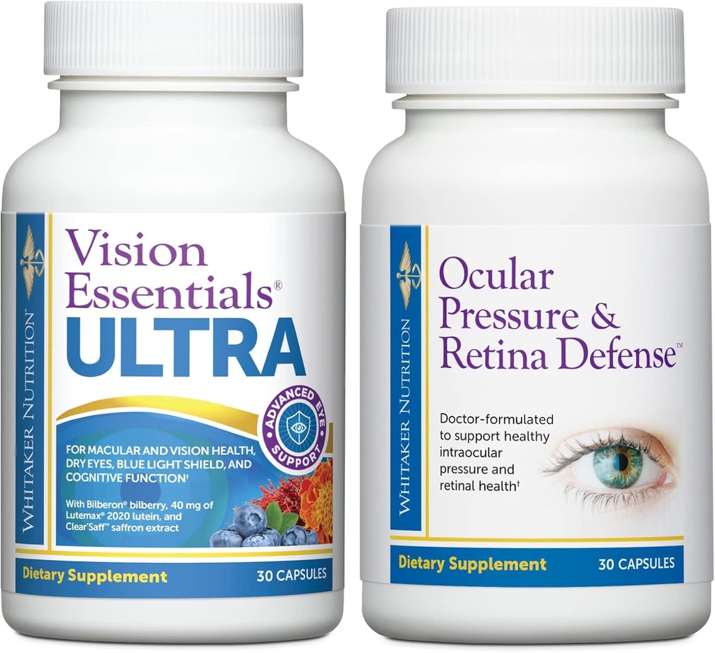 Premium Eye Health Bundle innehåller Vision Essentials ULTRA för Macular & Retinal Health, Eye Strain, Ocular Pressure, Torra ögon och Ocular Pressure & Retina Defense för ytterligare hälsosam intraokulär