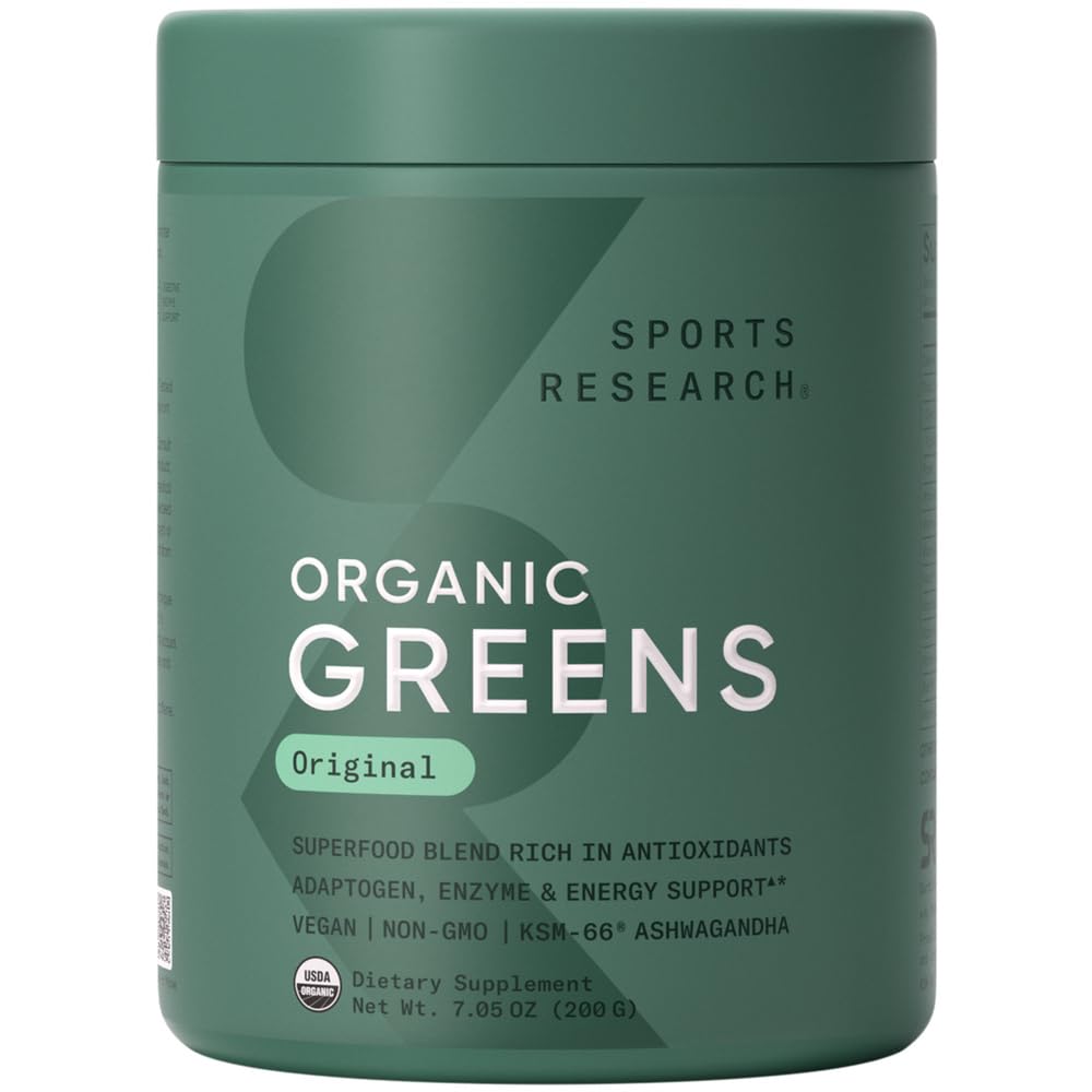 Sports Research® Organic Greens Superfood Powder w/Spirulina & Chlorella, Adaptogens, Enzymes, Probiotics & 8 VIT Bs for Gut & Mood Support* - Vegan, Sugar-Free & Low-Cal Original 20 Servings
