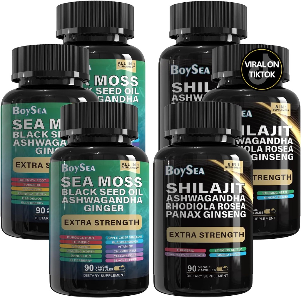 Boysea. Shilajit och Sea Moss Bundle-90 greve - Sea Moss, Black Seed Oil, Ashwagandha, Ginger & Shilajit, Rhodiola Rosea, allt i 1 kosttillskott (3 Pc)