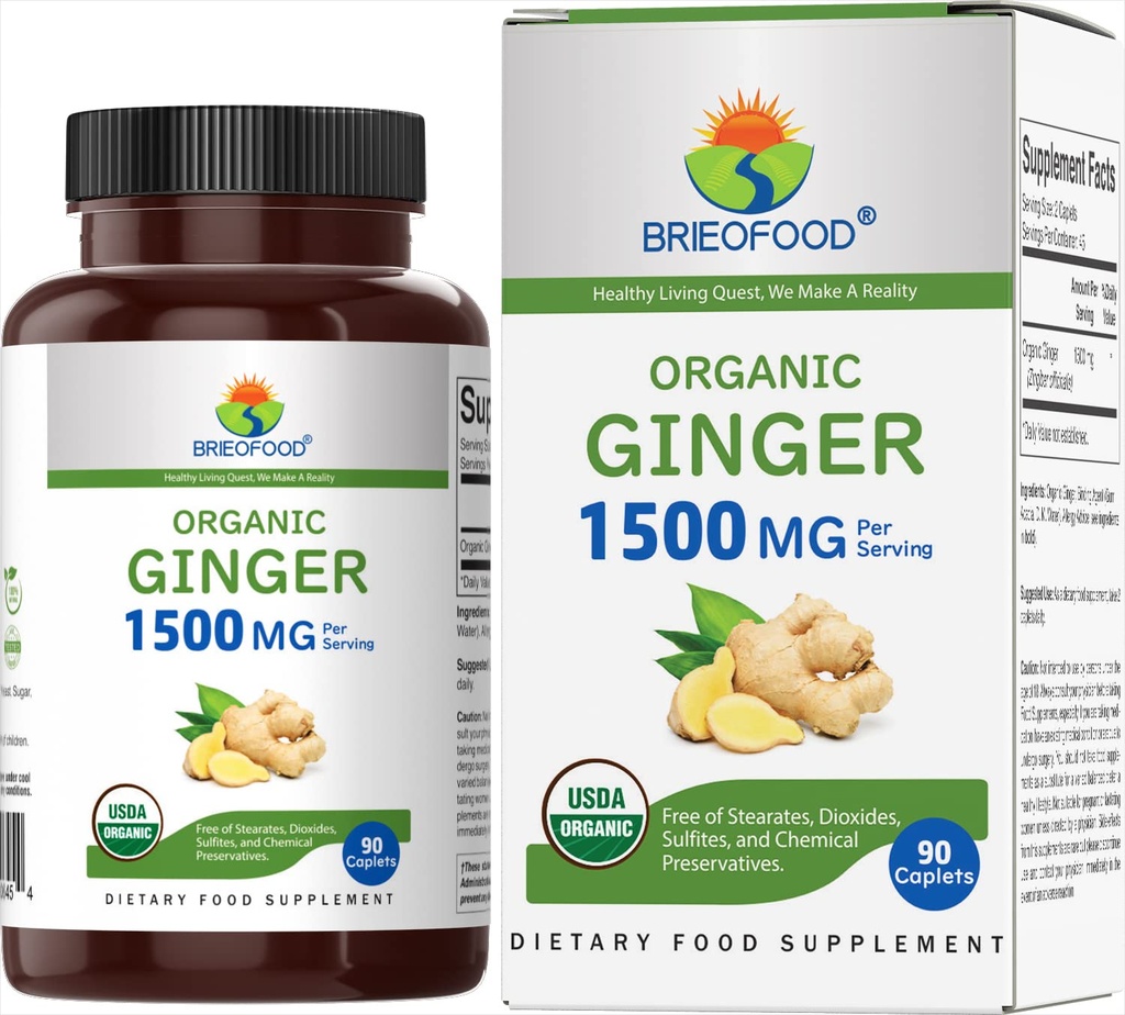 Brieofood Organic Ginger 1500mg, 45 portioner, vegetariska, glutenfria, 90 vegetariska tabletter