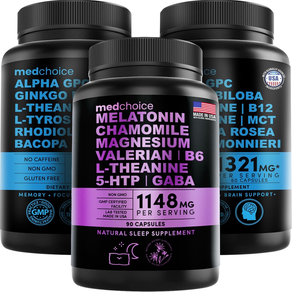 MEDCHOICE Sleep Melatonin (90ct) och Nootropic Brain (120ct) Supplement Bundle - Wellness Duo för sömn, hjärna, fokus och humörstöd - Vegan, icke-GMO, Gluten-Free