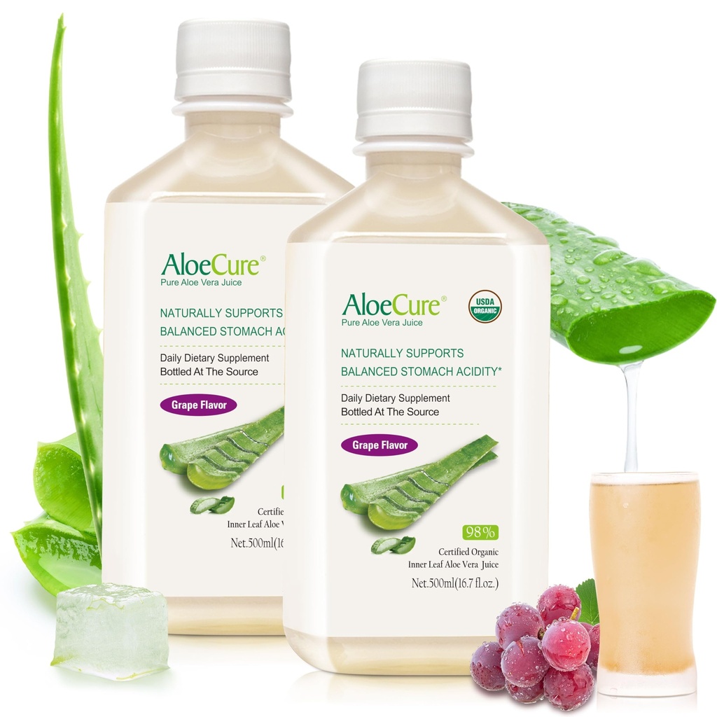 AloeCure USDA Organic Aloe Vera Juice Grape Flavor, Made Within 12 Hours of Harvest - Pure Aloe Vera Digestive & Immune Health Supplement, hjälper till att upprätthålla balanserad magsyra, 16.7oz x 2 Btls