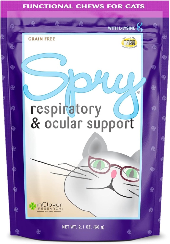 I Clover Spry Daily Respiratory och Ocular Support Soft Chews for Cats, med L-Lysine, Superfoods och Prebiotics för ett starkt immunsystem, 2.1 oz. (60 count)